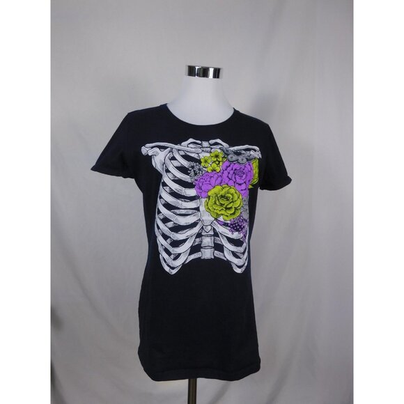 Michaels Shirt Womens Large Navy Graphic Skeleton Rib Cage Floral Goth Tee - Picture 1 of 10